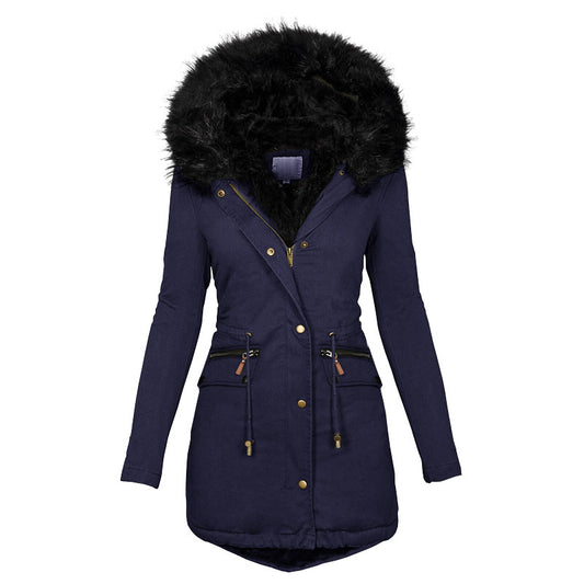 Women's Plush Hooded Parkas Winter Warm Thick Zip-up Jackets Casual Mid-length Solid Buckle Pockets Coat Outerwear Clothing