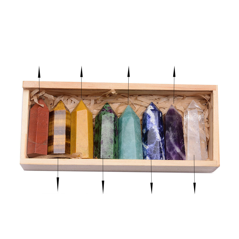 Donghai Natural Crystal Single Pointed Column Set White Crystal Crystal Eight-Color Wooden Box