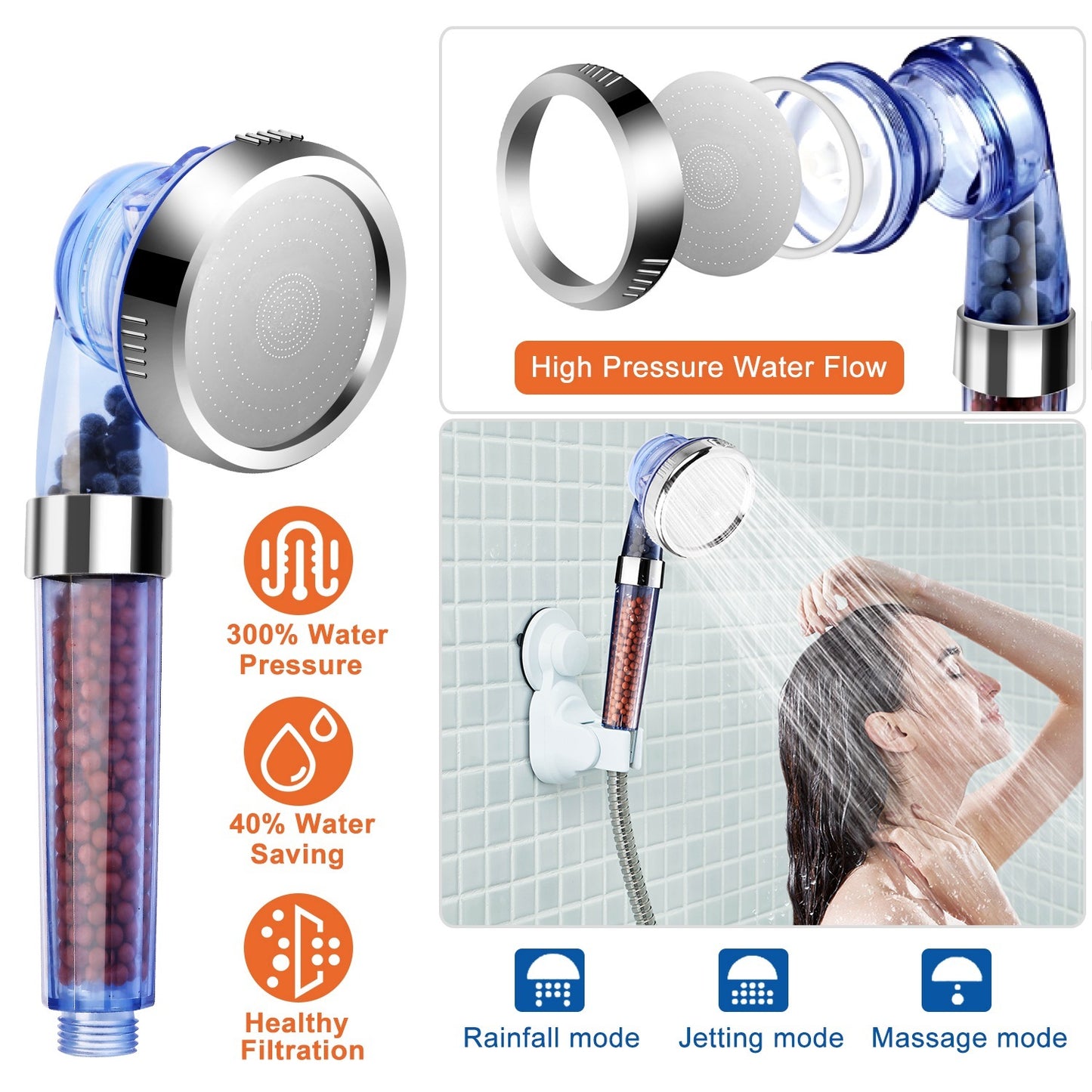 1Pc Ionic Filtration Shower Head High Pressure 3 Mode Stone Water Saving Bath Handheld Shower